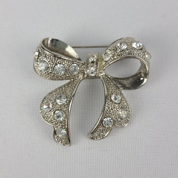 SILVER Rhinestone Bow Brooch - Picture 1 of 3
